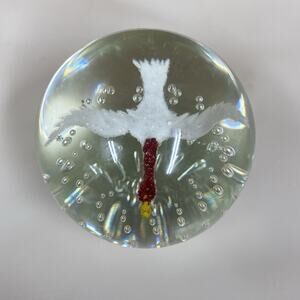 Vintage Gentile Art Glass Paperweight White Flying Goose Crane Bubble Glass